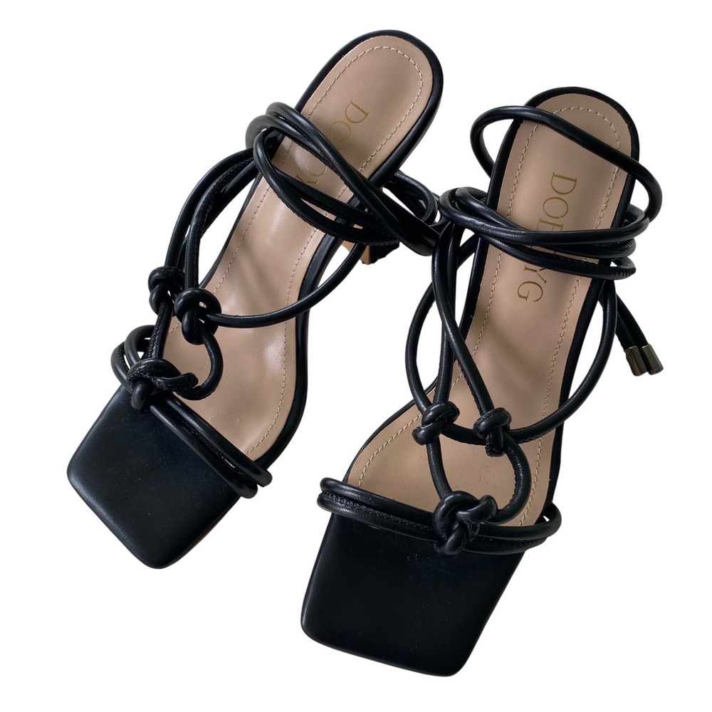 DOBOYG Lace Up Sandals Womens 38 Black Square Toe Flared Spool Heel Strappy Chic